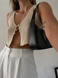 Runhufu Casual Women Knit Cropped Tops Summer Fall Streetwear Party Vest Tops Loose Fashion Sleeveless V-Neck Buttons Tank Tops