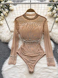 Runhufu Beading Sequins Mesh Bodysuits Women O Neck Summer Sexy Party Club Long Sleeves Ladies Fashion Solid Rompers