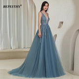 Runhufu Elegant V Neck Gray Blue Long Evening Dresses 2024 Party Sexy Backless Prom Gown Sleeveless Robe De Soiree For Women