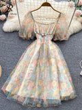 Runhufu Splice Mesh Floral Print Dress Women Summer 2024 Slim Elastic Waist Square Neck Gentle Ladies A Line Sweet Dresses
