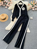 Runhufu Fashion Knitted Women Suits Single Breasted V Neck Cardigan+Wide Legs Long Pants Autumn High Street Loose Sweater Sets