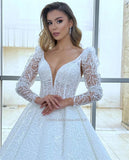 Runhufu V-Neck A-Line Wedding Dresses Long Puff Sleeves Lace Appliques Floor Length A-Line Princess Bridal Gowns