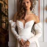 Runhufu Mermaid Wedding Dresses Off Shoulder Long Sleeves V-Neck Pleated Side Slit Bridal Gowns Backless Satin Bride Dress