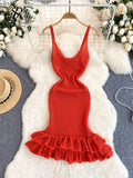 Runhufu Summer Hollow Out Sexy Dress American INS Strap Slim Fit Ruffles Bodycon Design Solid V-Neck Sleeveless Knitted Dress