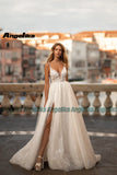 Runhufu Vintage Spaghetti Straps Wedding Dresses A Line Tulle High Split Appliques Backless Sweep Train Vestidos De Novia