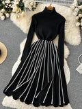 Runhufu Turtleneck Striped Pleated Knitted Dress Long Sleeve Thick Elastic Warm Dress Women Winter Vinage Chic Sweater Dress