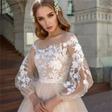 Runhufu a Line applique wedding dress Simple Lantern sleeve tulle plus size covered button Bohemian Beach Princess bridal dress