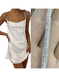 Runhufu Glitters Straps Tie Up Backless White Dress Women Summer Sleeveless Suspender Short Party Club Dresses New Gown Vestidos