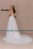 Runhufu Classic Appliques Wedding Gown for Bride Detachable Off the Shoulder A Line Tulle Button High Split Sweep Train