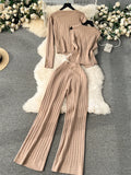 Runhufu Senior Knitted Suits Fashion Metal Button Vest+V Neck Long Sleeves Cardigans+Wide Legs Pants Stripe Three Pieces Sets