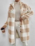 Runhufu Women's Plaids Plush Warm Coats Fashion Winter Fuzzy Fleece Long Jackets Street Long Sleeve Lapel Buttons Outerwear