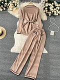 Runhufu Fashion Sweater Two Pieces Sets Ladies Long Sleeve Knit Cardigan+Wide Leg Long Pant Sets Women OL Loose Knitted Suits