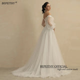 Runhufu Boho Ivory Wedding Dresses For Women 2024 Bride Deep Neck Sexy Full Sleeves A Line Glitter Bridal Gowns Sweep Train New