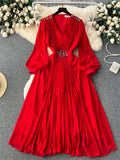 Runhufu Vintage Senior Pleated Dress V Neck Lantern Sleeve Zipper Bow Diamonds High Quality Lady France Elegant A Line Dress