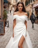 Runhufu Elegant Off The Shoulder Soft Satin Sheath/Mermaid Wedding Dresses Side Slit Detachable Train Formal Bridal Grown 2025