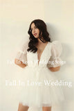 Runhufu In Love Store Custom Short Wedding Dress V-Neck Half Puffy Sleeves A-Line Tulle Summer Mini Bridal Gown Homecoming Dress