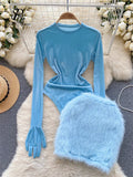 Runhufu 2024 Autumn Long Sleeves Bodysuits 2024 Women O Neck Open Crotch Velvet Slim Playsuits+Plush Sexy Mini Skirt Suits