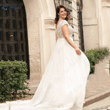 Runhufu NICEB Plus Size Wedding Dresses Classic Cap Sleeves Bride Gowns Chiffon Lace Appliques V-Neck A-Line Vestido De Noiva