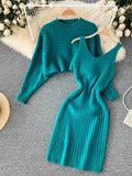 Runhufu Autumn Knitted Dress Suits Women O Neck Long Sleeves Short Pullover+Strap Elastic Dress Korean Sweater Two Pieces Sets