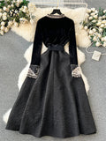 Runhufu French Retro Dress Fashion High Quality Embroidery Velvet Long Sleeves Women Elegant Belt Design A Line Court Dress