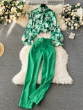 Runhufu Fashion Printed Suits Women Bow Collar Lantern Sleeve Floral Blouse+Belt Solid Long Pants Streetwear Senior Sets