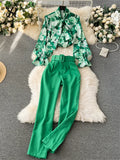 Runhufu Fashion Printed Suits Women Bow Collar Lantern Sleeve Floral Blouse+Belt Solid Long Pants Streetwear Senior Sets