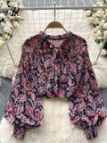 Runhufu Korean Print Chiffon Shirt Bow Neck Long Sleeves Loose Leopard Top Casual Paisley Vintage Floral Blouse Spring 2024