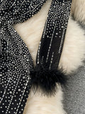 Runhufu 2024 New Fashion Bodycon Long Dress Europen O Neck Long Sleeve Feather Female Senior Mesh Transparent Diamonds Dress