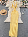 Runhufu Spaghetti Strap Knitted Beach Long Dress Summer Vintage Hollow Out Sheath Sundress 2024 Elastic Backless Sexy Dress