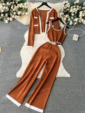 Runhufu Autumn Knitted Three Pieces Sets 2024 Slim Tank Top+Long Sleeves Short Cardigan+Elastic Long Pants Fashion Sweater Set