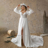 Runhufu Sweetheart Beach A-Line Wedding Dresses Long Puff Sleeves Side Slit Sweep Train Bridal Gowns Custom Size Robe de