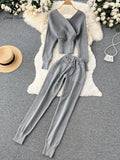 Runhufu Winter Casual Knitted Two Pieces Suits V Neck Long Sleeve Sweater+ Elastic Casual Long Pants Sets Women Sweater Sets