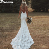 Runhufu Spaghetti Straps V Neck Mermaid Wedding Dresses Lace Summer Beach Boho Wedding Gowns Elegant Backless Custom Bridal Dress