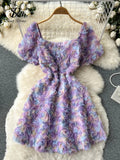 Runhufu Mesh Flower Square Neck Dress Summer Women French Style Zipper Elegant Backless Ladies Purple A Line Midi Dresses