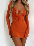 Runhufu Black Bodycon Dress Spring Summer Sexy Mesh Long Sleeves Ruffles Deep V Tie-Up Short Dress Women Party Streetwear