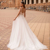 Runhufu Spaghetti Straps Wedding Dress Sleeveless 2023 Lace Fashion Beads Tulle Bride Dress V-neck Backless A-Line Vestido De Novia