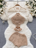Runhufu Bohemian Knit Two Pieces Suits Women Lace Up Halter Tassel Backless Tops+Hook Flower Hollow Out Shorts Sexy Beach Sets