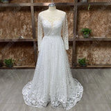 Runhufu Scoop Neck Long Sleeves Champagne Wedding Dress Sexy Open Back Tulle Lace Applique Bridal Dress A-line vestidos noiva