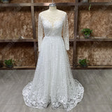 Runhufu Scoop Neck Long Sleeves Champagne Wedding Dress Sexy Open Back Tulle Lace Applique Bridal Dress A-line vestidos noiva