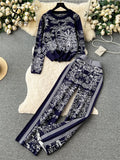 Runhufu Winter Print Sweater Two Pieces Suits Loose Warm Pullovers+Wide Legs Long Pants Streetwear Vintage Casual Knitted Sets