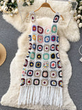 Runhufu 2024 Sunmmer Knitted Dress Hook Flower Hollow Out Tassel Women Slim Streetwear Original Design Fashion Vintage Dress