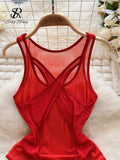 Runhufu Ladies Cross Mesh Sexy Bodysuits Sleeveless Streetwear Slim Chic Sheer Top Open Crotch lace Solid Erotic Playsuits