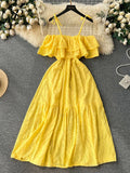 Runhufu High Street Cotton Embroidery Long Dress Women Hollow Out Backless Beach Sundress Fashion Off the Shoulder Sexy Dress