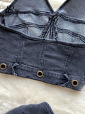Runhufu Trend High Street Denim Suits Backless Sleeveles Halter Y2K Top+ Zipper Pleated Mini Skirt Hollow Out Two Pieces Sets