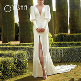 Runhufu Elegant Satin Wedding Dresses Sweep Train Mermaid Long Sleeve Sexy Deep V-Neck With Split Front 2023 Bridal Gown Backless