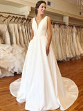 Runhufu Wedding Dress V-Neck Sleeveless A-Line Plain Pure Satin Formal Evening Dress Floor-Length Bridal Gown Vestidos de novia