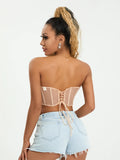 Runhufu Shell Mesh Sheer Crop Tube Top for Women Sexy Off-Shoulder Backless Lacing Strapless Pleated Irregular Hem Corsets Tops