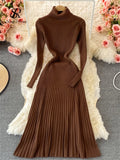 Runhufu Women Pleated Knitted Dress Turtleneck Long Sleeve Elastic Slim Pencil Dress Autumn Winter Sexy Bodycon Sweater Dress