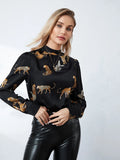 Runhufu Women's Spring Autumn Blouses Retro Leopard Print Long Sleeve Mock Neck Pullover Tops OL Business Basic Shirts