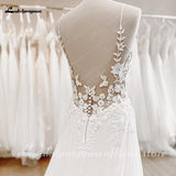 runhufu Straps Boho Lace Wedding Dress 2023 Neck Lace Appliqued Chiffon Backless A Line Beach Bridal Gown Robe De Mariée